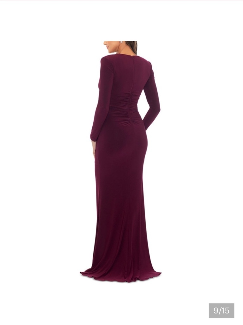 Xscape Elegant Burgundy Long Sleeve Ruched Dress
